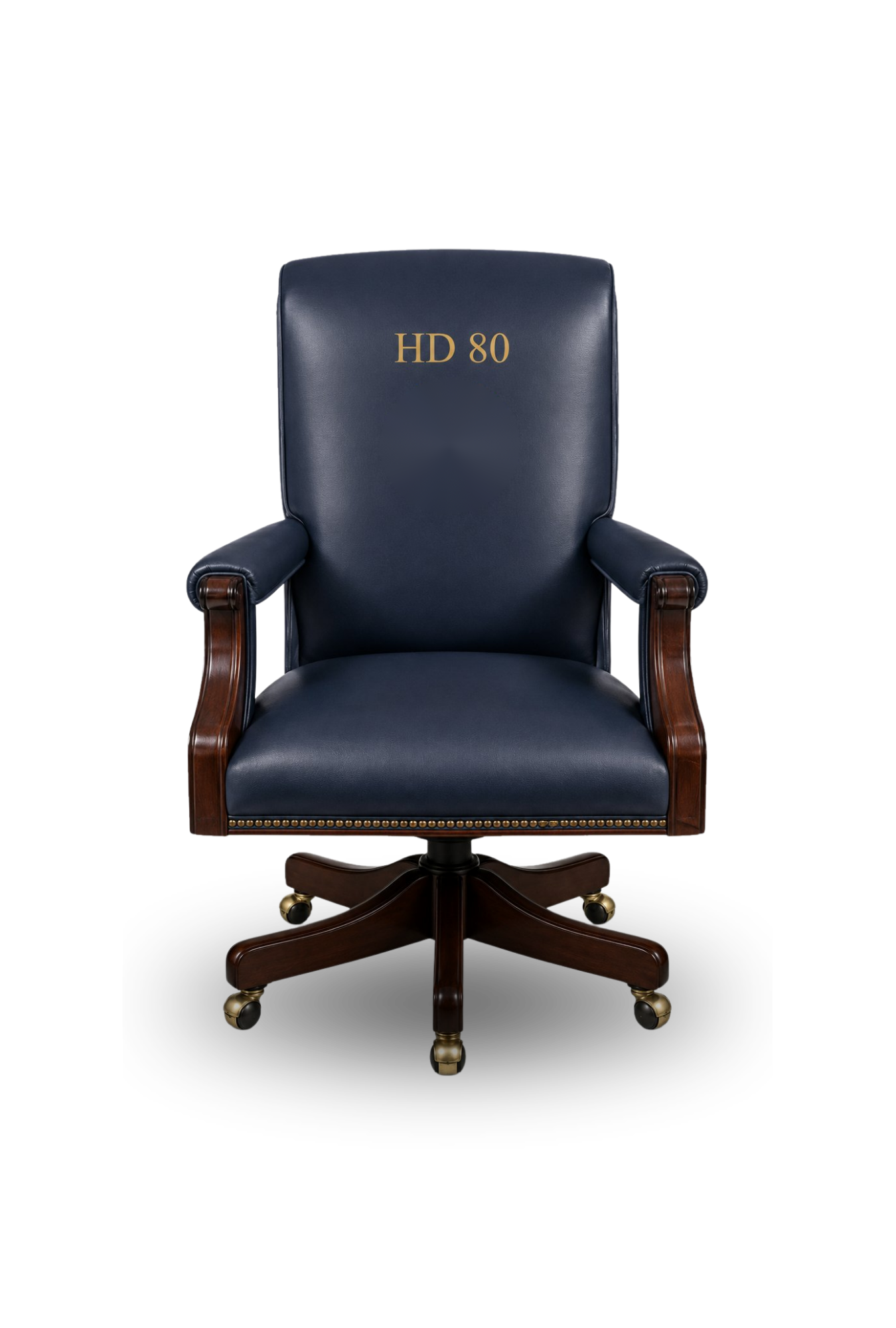 Empty blue leather Florida House District 80 chair with gold HD 80