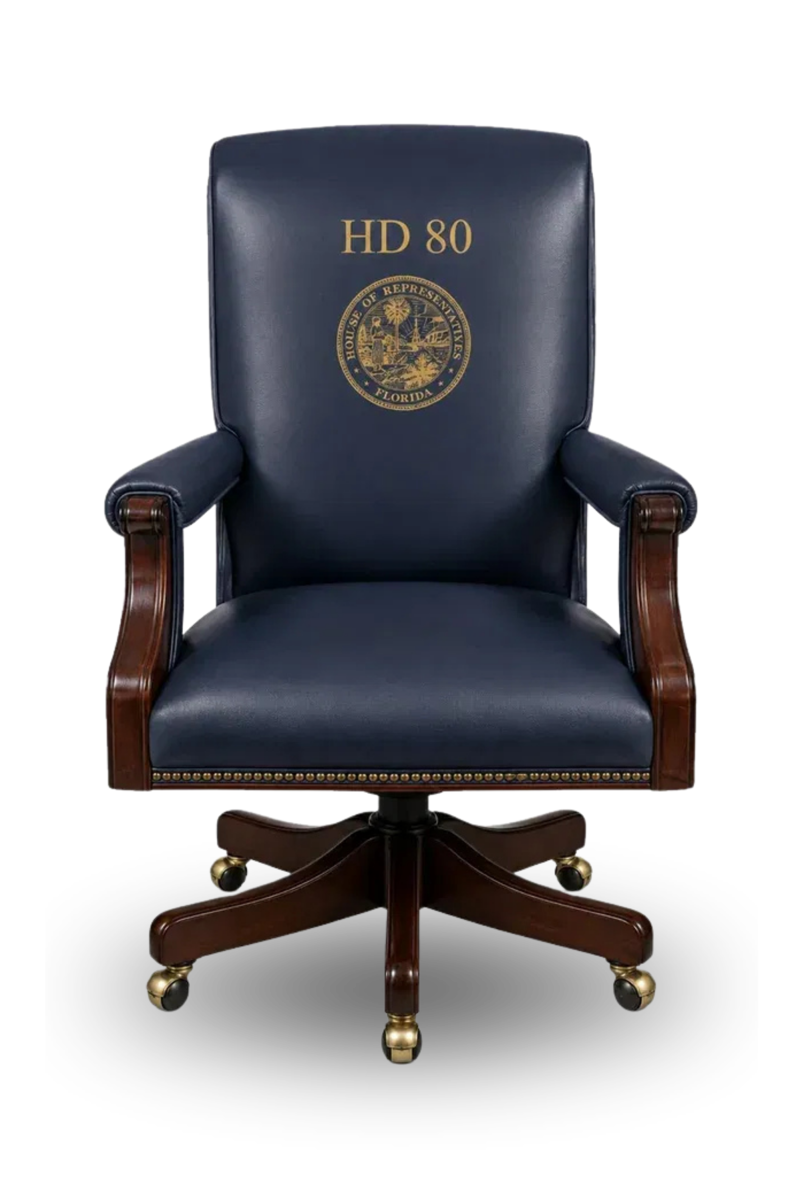 Empty blue leather Florida House District 80 chair with gold HD 80